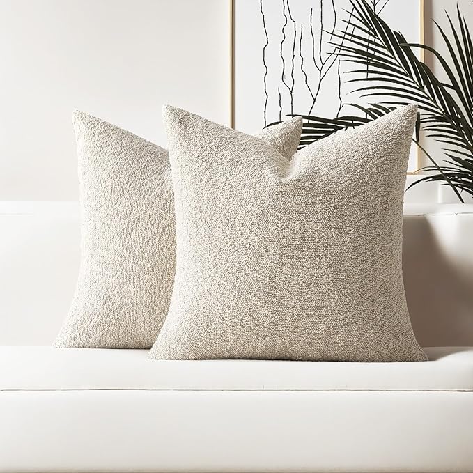 HAUSSY Set of 2 16x16 Decorative Throw Pillow Covers, Soft Cozy Textured Boucle Couch Cases, Home Decor for Couch Bed Living Room, Beige