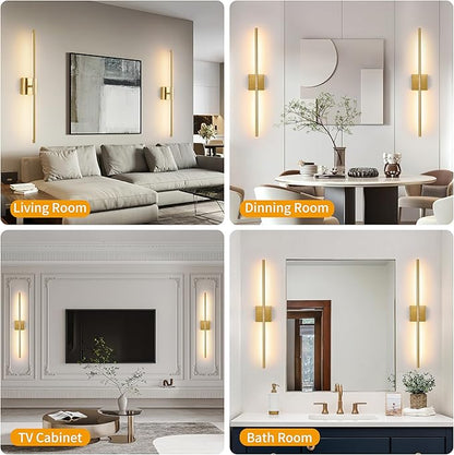 30″ Gold Battery Operated Wall Sconces Set of 2, Dimmable Wall Sconces with Remote Control, Rechargeable Sconces Wall Lighting, LED Wireless Wall Lights for Bedroom, Living Room, Bathroom