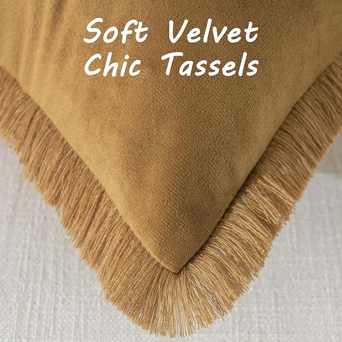 FUTEI Brown Velvet Decorative Throw Pillow Covers 18x18 Set of 2,Soft Cozy Edge with Tassels Cushion Case,Boho Modern Home Decor for Couch Bed Living Room