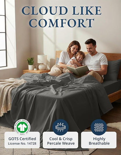 LANE LINEN 100% Organic Cotton 3Pc Bed Sheets Twin Size, Classic Percale Weave, Soft & Comfy Fully Elasticized Naturally Cooling Cotton Sheets, Low Pill Machine wash Twin Sheet Set- Charcoal