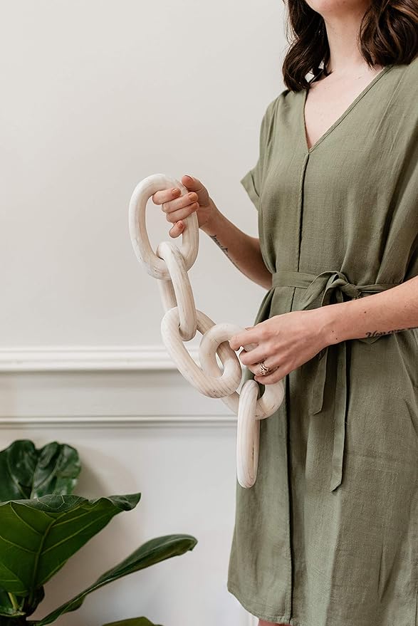 Decorative Wood Chain Link and Bead Garland Set | Coffee Table Decor | Modern Farmhouse Decor Set | Bookshelf Decor | Boho Decorations for Living Room Bedroom Entryway | Book Decor I White