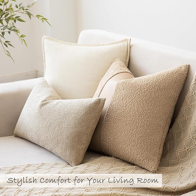 18"x18" Khaki Boucle Throw Pillow Covers with Faux Leather Accents Set of 2 Fluffy Textured Decorative Pillow Cases for Couch Bed Boho Farmhouse Square Cushion Covers for Nordic Home Décor