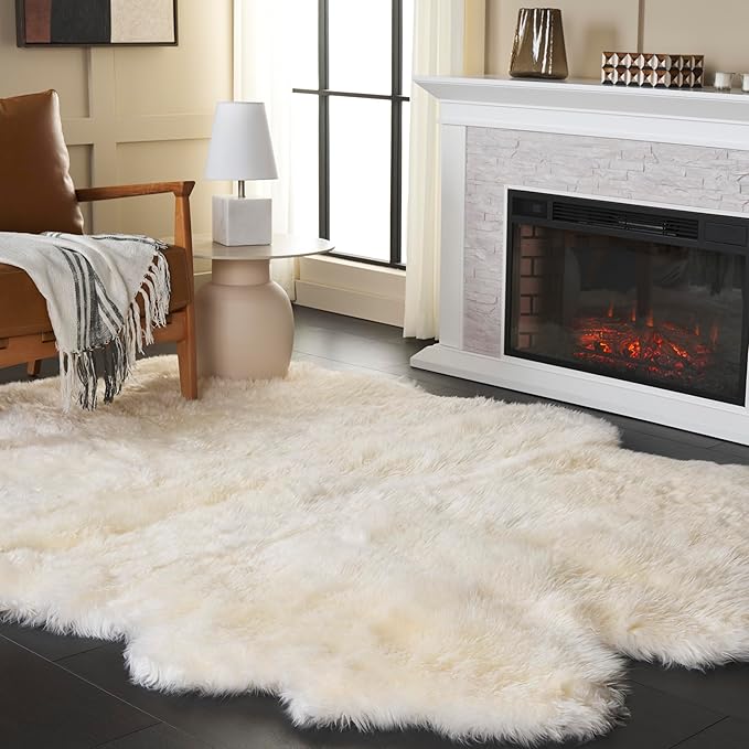 SAFAVIEH Sheep Skin Collection Area Rug - 5'5" x 7'7", White, Handmade Rustic Glam Genuine Pelt, 3.4-inch Thick Ideal for High Traffic Areas in Living Room, Bedroom (SHS121A)