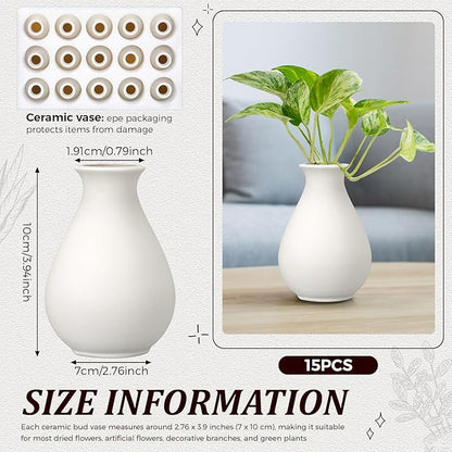 Tioncy 15 Pack White Ceramic Bud Vases Bulk Christmas Decoration 3.9 Inch Boho Small Flower Ceramic Vases for Centerpieces for Dry Flowers Pampas Garss Home Wedding Table Decor(Classic)