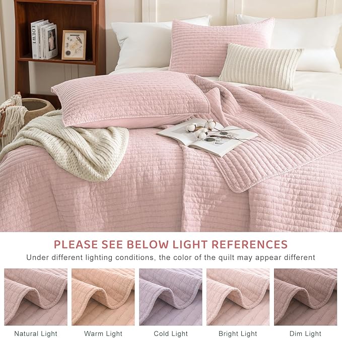 Sanracie Stonewashed Cotton Coverlet Oversized King(128"x120"), Light Pink Ultra Soft Crinkle Extra Large Wide Oversized Quilt Sets Lightweight Cross Stitch Bedspread Set 3Pcs for All Season