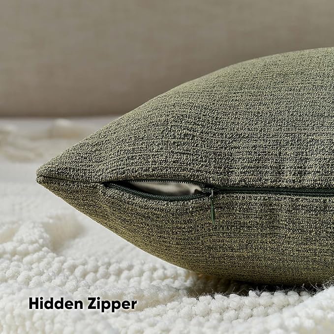 FUTEI Moss Green Chenille Decorative Throw Pillow Covers 22x22 Inch Set of 2,Soft Cozy Faux Linen Textured Cushion Case,Farmhouse Home Decor for Couch Living Room