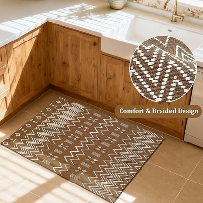Indoor Door Mat 2x3 Washable Rug,Braided Area Rug,Front Door Mat with Non Slip Rubber Backed,Cotton Doormat for Front Entryway Bathroom Kitchen Bedroom,Brown/White