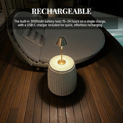 Bamboo Cordless LED Table Lamp – Rechargeable 24-Hour Battery, Dimmable Warm Light, 15" Portable Wireless Lamp with Remote for Indoor/Outdoor Use, Home, Patio, Restaurant – Polished Gold