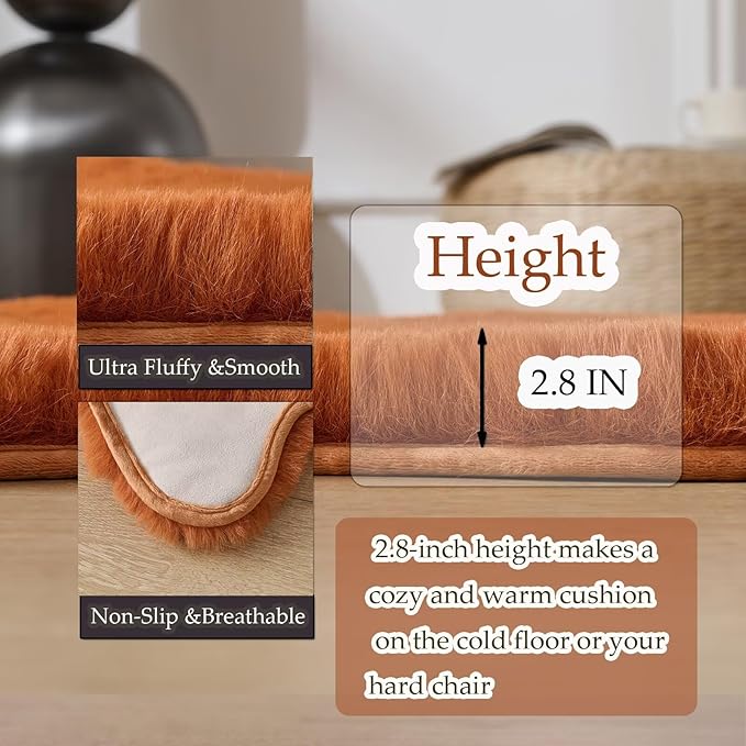 1700GSM Fuzzy Faux Sheepskin Fur Area Rug,Extra Soft Faux Fur Mat,Fluffy Shaggy Fur Rug for Bedroom Living Bedside Rug Room Decor-Burnt Orange, 4 x6 ft
