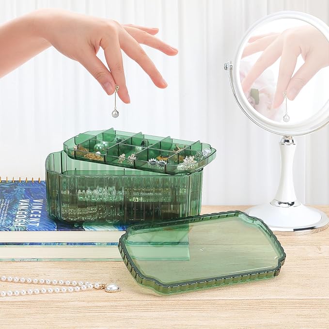 LETURE 3-Layer Jewelry Organizer Box for Earrings, Rings, Necklaces, Bracelets, Clear Plastic Bead Storage Containers for Crafts (Green)