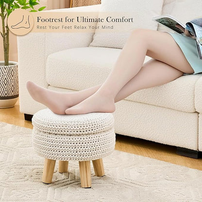 Round Storage Ottoman Foot Rest Cotton Braided Foot Stool Pouf Ottoman with Solid Wood Legs Footstool with Storage Shoe Changing Stool for Living Room White