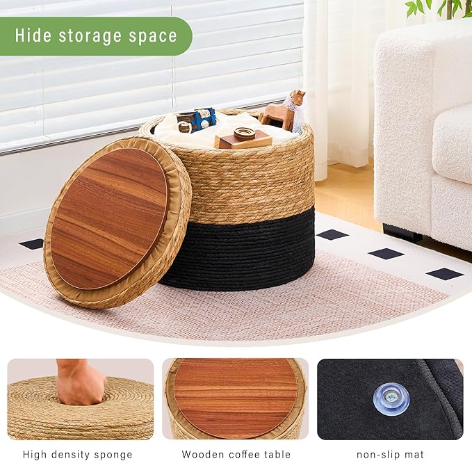 Wimarsbon Round Pouf Ottomans, Handwoven Natural Water Hyacinth Seagrass Pouffe,Outdoor Rattan Stool Accent Seat, Bohemian Coastal Home Decor (Storage - 18inch Natural Cattail & Black Corn Shell)