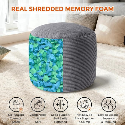 Pouf Ottoman Foot Rest, Comfortable & Soft, Round Footstool Ottoman for Living Room, Bedroom, Office, Room Decoration, Corduroy Foot Stool Pouf with Odorless & Anti-Clump Filling, Large Dark Grey