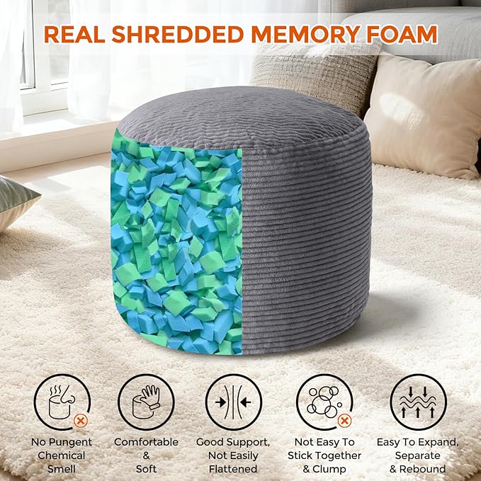 Pouf Ottoman Foot Rest, Comfortable & Soft, Round Footstool Ottoman for Living Room, Bedroom, Office, Room Decoration, Corduroy Foot Stool Pouf with Odorless & Anti-Clump Filling, Small Dark Grey