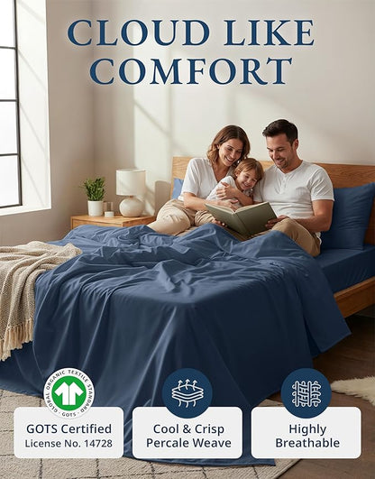 LANE LINEN 100% Organic Cotton Twin Bed Sheet Set, Luxury Hotel Style Fade Resistant Deep Pocket Machine Washable Twin Size Sheet Set, Eco Friendly Mercerized Cotton Sheets- Estate Blue