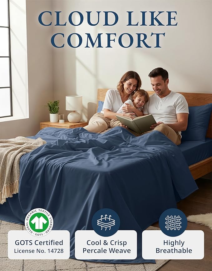 LANE LINEN 100% Organic Cotton Sheets for California King Size Bed - Soft Percale Sheets, Breathable Luxury Hotel Style Fully Elasticized Mercerized 15" Deep Pocket Cal King Sheet Set- Estate Blue