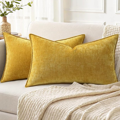 decorUhome Spring Couch Throw Pillow Covers 12x20 Set of 2, Decorative Soft Velvet Neutral Chenille Lumbar Pillow Covers with Elegant Design for Sofa Bed Living Room Home Decor, Mineral Yellow