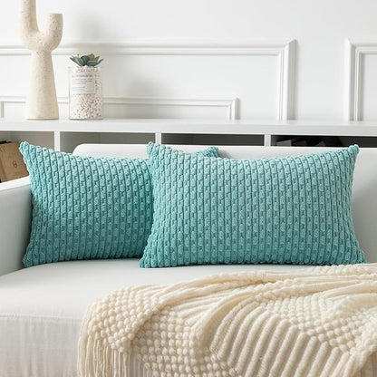 Kevin Textile 12x24 Inch Pillow Cover 1 Pack Boho Decorative Soft Striped Corduroy Lumbar Farmhouse Color Accent Rectangle Cushion Case for Living Room Couch Sofa Bed, Aqua Green