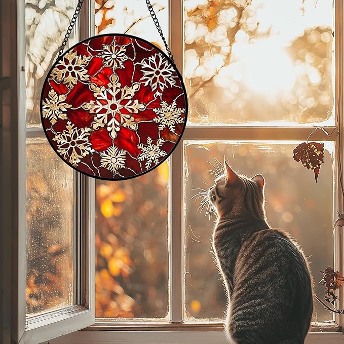 DASTOLL Stained Glass Window Hanging 4 Pcs Set Red Christmas Elk Snowflakes 6.3" - Deer Suncatcher Door Garden Sun Catcher Decor Birthday for Mom Woman Nana Men Friend