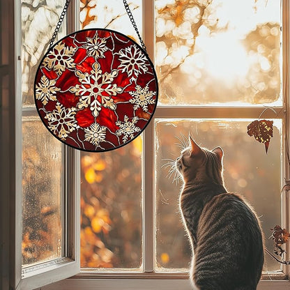 DASTOLL Stained Glass Window Hanging 4 Pcs Set Red Christmas Elk Snowflakes Large 11.8" - Deer Suncatcher Door Garden Sun Catcher Decor Birthday for Mom Woman Nana Men Friend