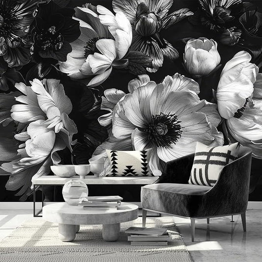 AFZEVEB-Black Peony Floral Wallpaper Vintage Large Flower Wall murals for Bedroom 159"x107"(Not Peel and Stick)