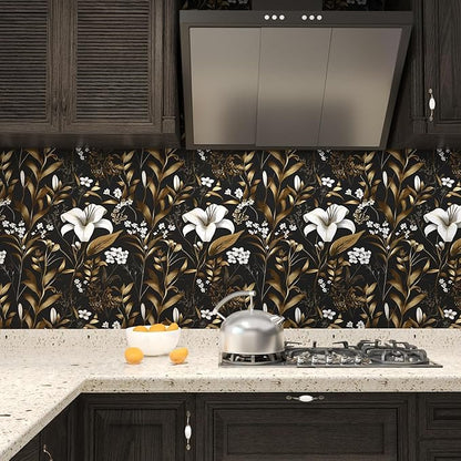 White Floral Wallpaper Peel and Stick, Black Gold Vintage Contact Paper, Dark Golden Botanical Wall Paper Self Adhesive Removable Waterproof for Bedroom Cabinet Drawer Table Decor 17.5" x 118"