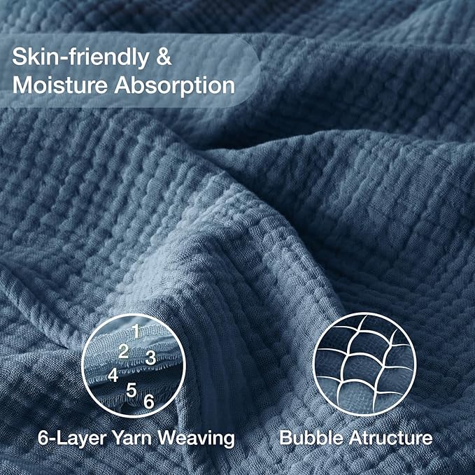 100% Cotton Muslin Blanket Twin XL 66" x 90", 6 Layers Breathable and Lightweight Twin Blanket for Bed, Soft Boho Bedspread, Gauze Bedding for All Season, Blue