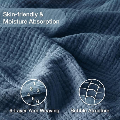 100% Cotton Light Blue Throw Blanket 50" x 70", 6 Layers Large Breathable and Lightweight Cotton Blanket for Bed and Couch, Soft Quilt Bedspread, Gauze Blanket for Adults All Season, Blue