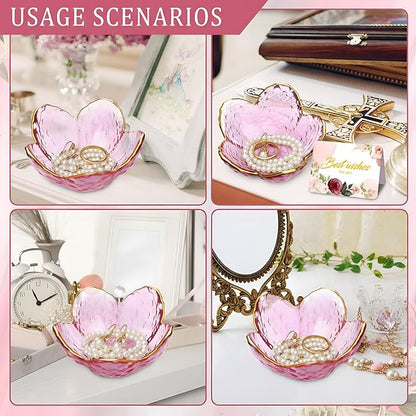 Quelay 8 Set Flower Ring Dish Jewelry Tray with Box and Greeting Card, Small Glass Trinket Tray for Rings Earrings Jewelry Room Decor Gifts for Women Mom Wife Daughter (Purple)