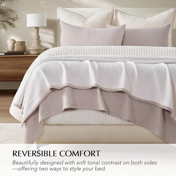 EVERGRACEHOME Cotton Gauze Full Queen Bedspread, Ultra Soft Prewashed Pick Stitch Matelassé Coverlet, Lightweight Textured Oversized Queen Quilt Bedding Set for All Season, with 2 Shams, Rosette Beige