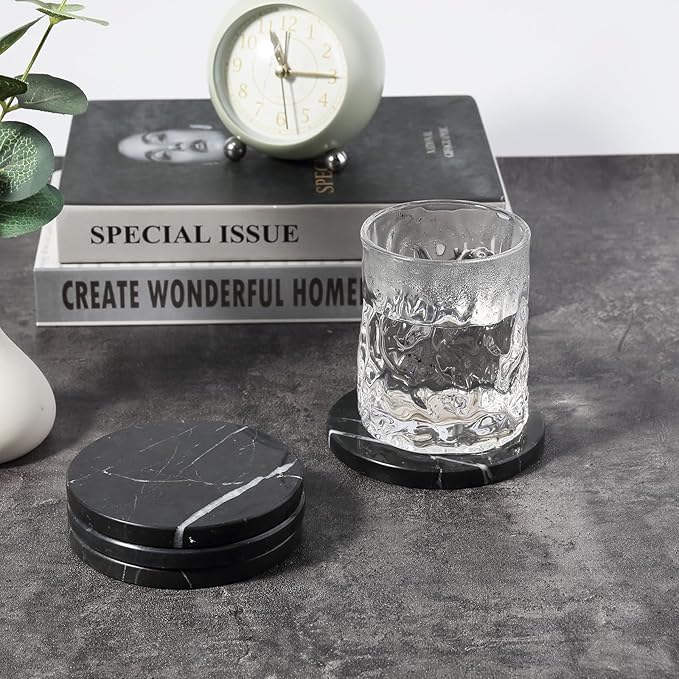 Koville Marble Coaster Set of 4, Round Coasters, 4" Stone Coaster for Drinks Coffee, White Marble Coasters for Coffee Table Home Bar Decor, Heat Resistant, Gift Choice(Black)