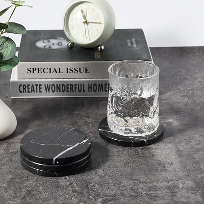 Koville Marble Coaster Set of 4, Round Coasters, 4" Stone Coaster for Drinks Coffee, White Marble Coasters for Coffee Table Home Bar Decor, Heat Resistant, Gift Choice(Black)
