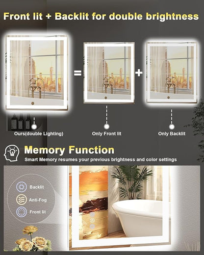 24"x 36" LED Bathroom Mirror with Front and Backlit, Wall Vanity Mirror with Lights, Controlled Separately LED Mirror for Bathroom, 3 Colors, Tempered Glass, Shatterproof, Anti-Fog, Memory(ETL)