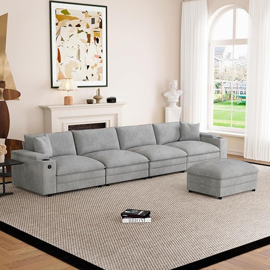 148.7" L Shaped Cloud Sofa Couch with Ottoman, Storage Armrest, Cup Holders, USB & Type-C Ports, Spring Cushions, Solid Wood Frame, Chenille Modular Sectional for Living Room (Light gray-L-148.7")