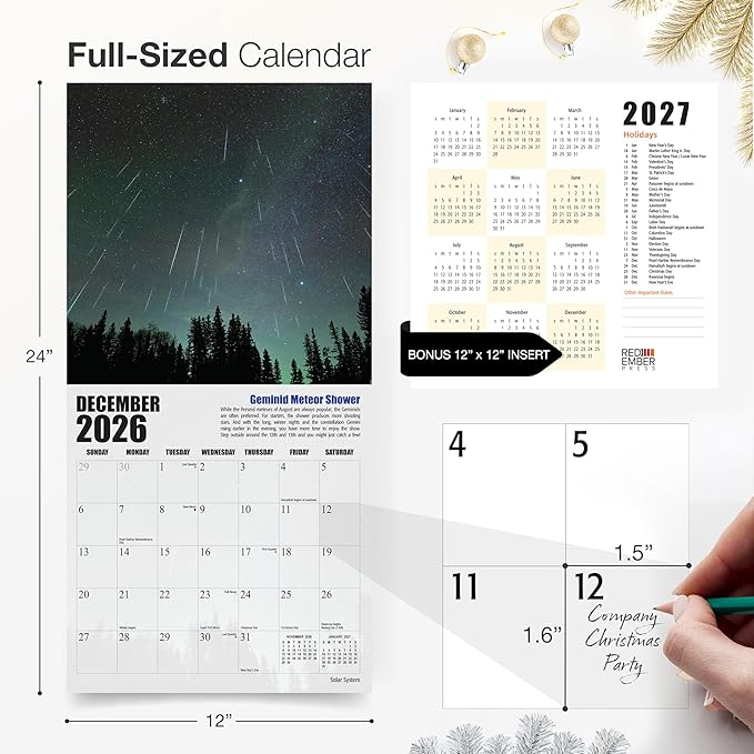 RED EMBER Solar System 2026 Wall Calendar 12 Month | 12" x 24" Open | Thick & Sturdy Paper | Holiday Gift | Space Planets Calendar 2026
