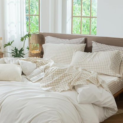 MooMee Gingham Sheet Set 100% Washed Cotton Linen Like Textured Breathable Soft w/ Fully Elasticized 16-19" Deep Pocket (Classic Gingham Almond Milk Grey, Queen)