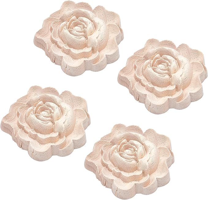 GORGECRAFT 4PCS Wooden Carved Onlay Appliques Rose Wood Carving Decal Molding Corner Craft Unpainted Furniture Applique Frame Flower Valentines Day Home Decoration for Dresser Bed Door Cabinet 3"x3"