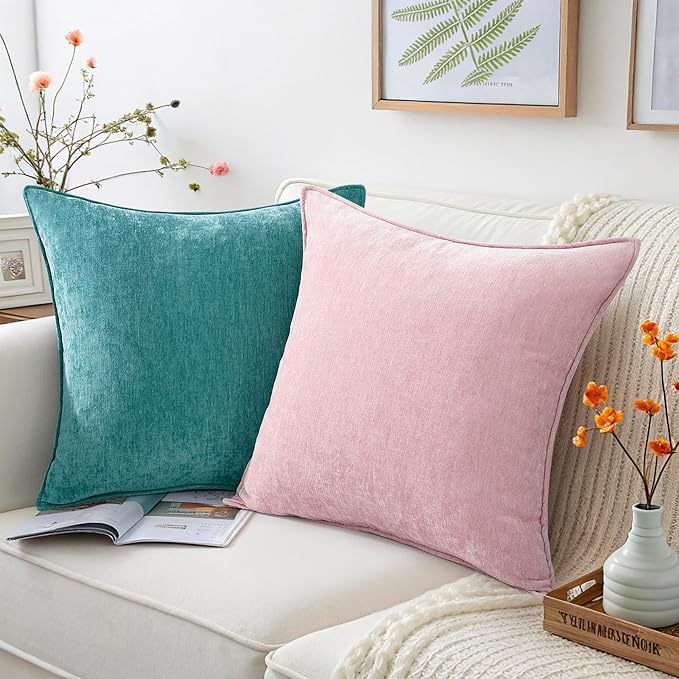decorUhome Spring Couch Euro Sham Throw Pillow Covers 24x24 Set of 2, Decorative Soft Velvet Neutral Chenille Pillow Covers with Elegant Design for Sofa Bed Living Room Home Decor, Teal
