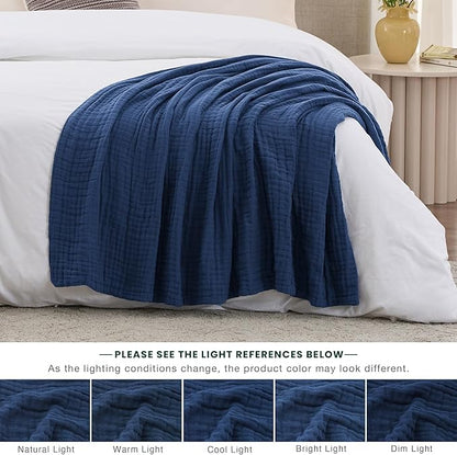 Love's cabin 6 Layer 100% Cotton Muslin Blanket, 50"x60" Throw Muslin Blanket for Couch Bed, Lightweight and Breathable Cotton Gauze for Adult, Dark Blue