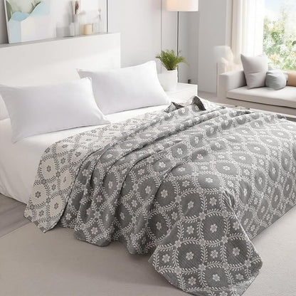 NTBAY 3 Layers Cotton Muslin 106x92 King Bed Blanket, Super Soft Breathable Thermal Yarn Dyed Quilt for Adults, Perfect Lightweight Blanket for Couch Sofa Bed All Seasons, Grey Garlands