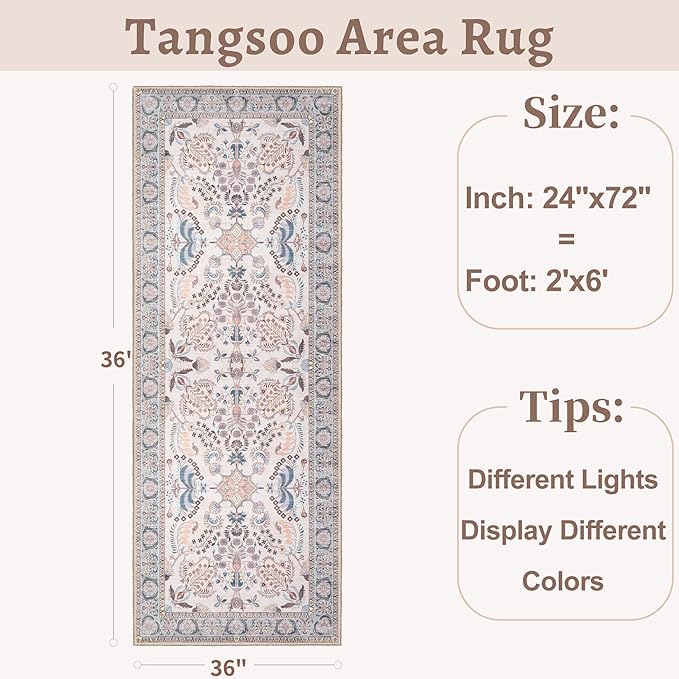 Tangsoo 2x6 Washable Runner Rug for Hallways,Non Slip Vintage Floral Rug Runner, Soft Low Pile Neutral Floor Carpet Runners for Kitchen Bedroom Entryway Living Room Bedside Laundry Home Decor