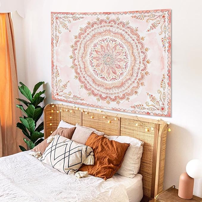 Fowocu Boho Floral Mandala Tapestry Wall Hanging Pink Bohemian Flower Medallion Tapestry Aesthetic Watercolor Hippie Indian Small Tapestries for Bedroom Living Room Dorm Decor 40 x 30 Inch