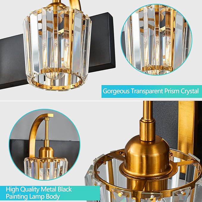 Modern Bathroom Vanity Light, 2-Light Black Gold Wall Sconce with Crystal Accents, Over Mirror Bathroom Lighting Fixture, 13.77" Long Dimmable Vanity Lamp for Makeup, Easy Installation