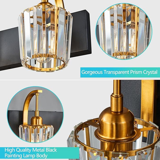 Modern Bathroom Vanity Light, 4-Light Black Gold Wall Sconce with Crystal Accents, Over Mirror Bathroom Lighting Fixture, 32.67" Long Dimmable Vanity Lamp for Makeup, Easy Installation