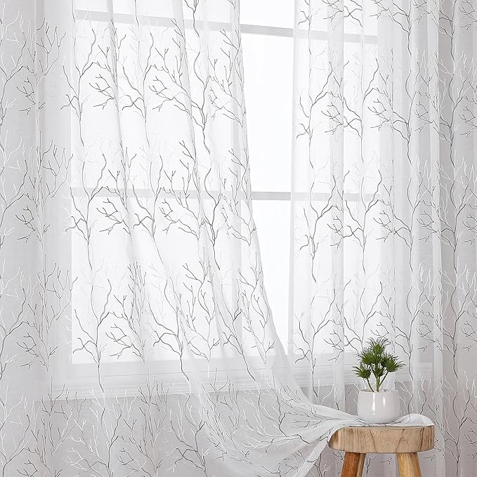 VISIONTEX White Sheer Curtains 108 inch Length 2 Panels Set Decorative Grey Coral Embroidery Rod Pocket Embroidered Semi Sheer Window Drapes for Living Room and Bedroom 54 x 108 Inches