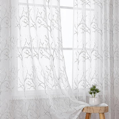 VISIONTEX White Sheer Curtains 108 inch Length 2 Panels Set Decorative Grey Coral Embroidery Rod Pocket Embroidered Semi Sheer Window Drapes for Living Room and Bedroom 54 x 108 Inches