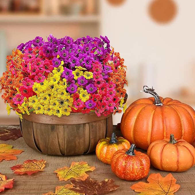 Artificial Fall Flowers for Outdoors, UV Resistant Fake Silk Flowers No Maintenance for Outside,Faux Mums Eucalyptus Plants for Porch Patio Garden Planter Box Home Autumn Outdoor Decor(10pcs)