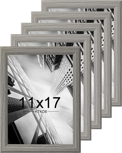 KTKDE 11x17 Picture Frame Set of 5, Wooden frames Grey, Vertical & Horizontal Wall Hanging for Wall Display,Studio Gallery Photo Frame for Photos, Posters & Art Prints