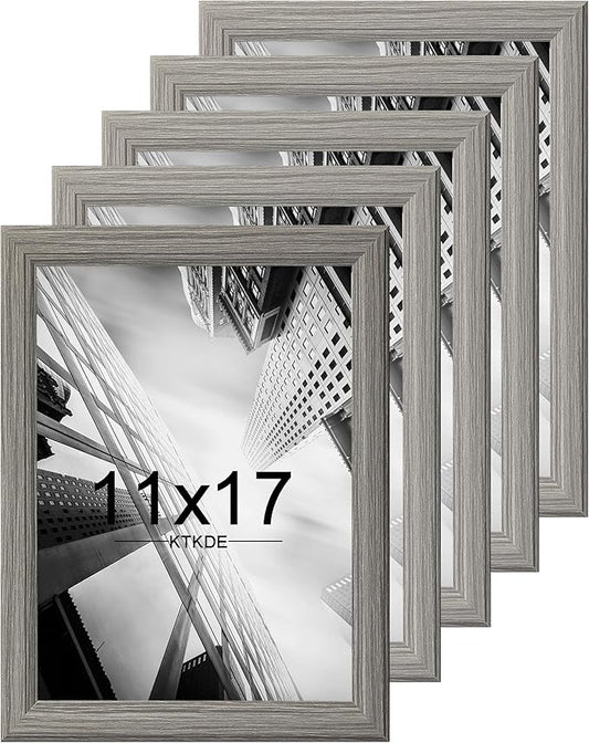 KTKDE 11x17 Picture Frame Set of 5, Wooden frames Grey, Vertical & Horizontal Wall Hanging for Wall Display,Studio Gallery Photo Frame for Photos, Posters & Art Prints