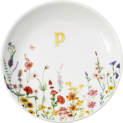 Crisky Initial Jewelry Tray Ring Dish & Gift Box, Ceramic Flower Trinket Dish for Rings Earrings Necklaces Keys, Bridal Shower Engagement Birthday Gift for Women, Friends 4.57" (Gold Foil P